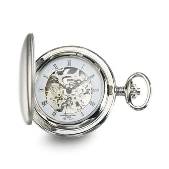 New Charles Hubert Chrome-finish White Skeleton Dial Pocket Watch - Picture 5 of 9